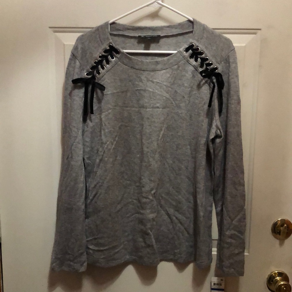 INC International Concepts Gray Crewneck Sweater with Black Lace-Up Shoulders
